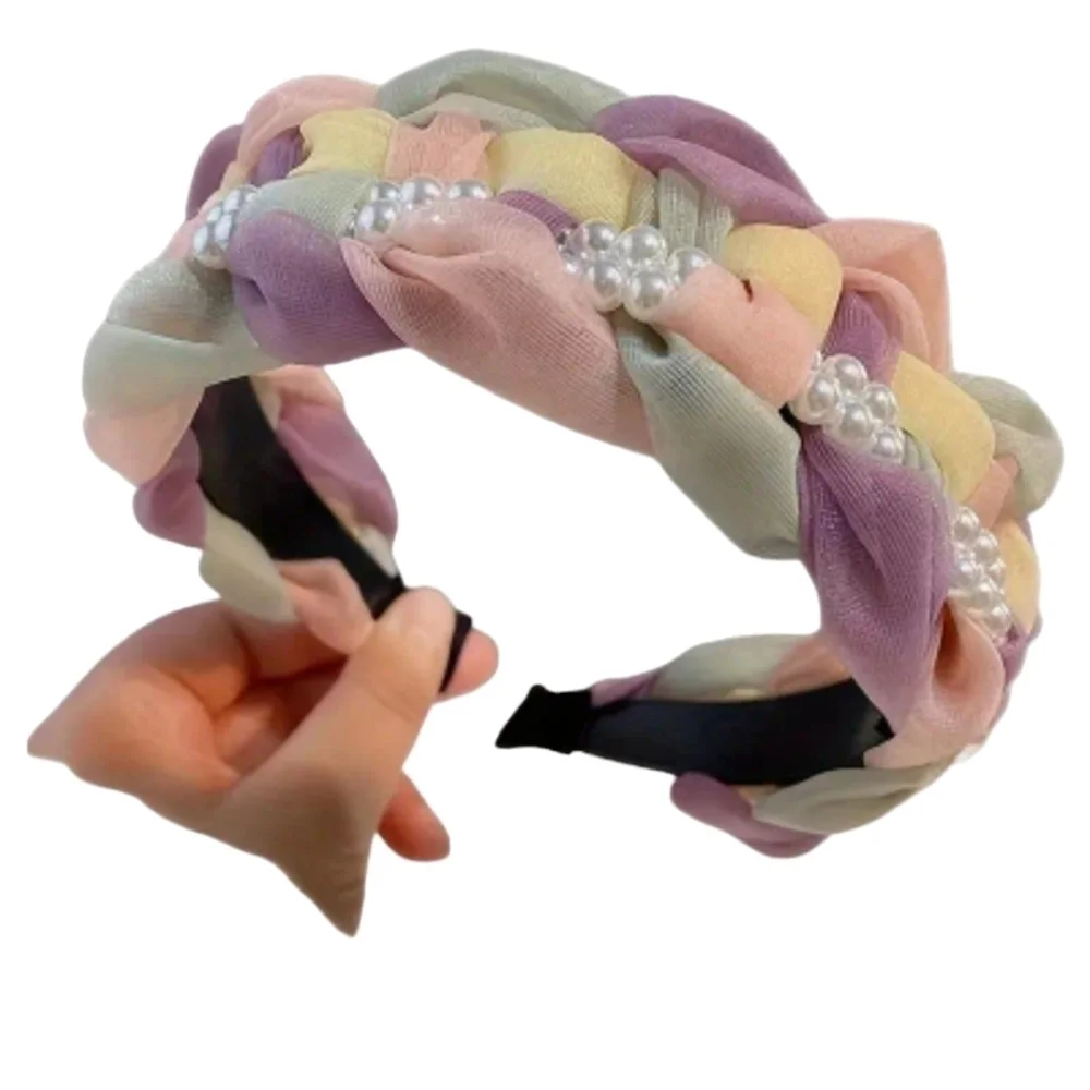 Faux pearl wide braided color block headband hair accessories